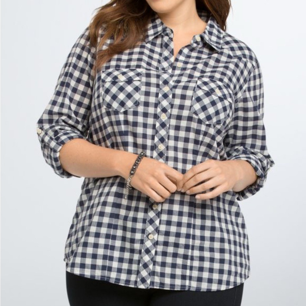 Torrid Navy Blue Gingham Western Button Down Roll Tab Sleeve Shirt Size 2 2X